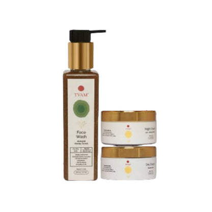 TVAM skincare product set including a face wash and two jars on a white background