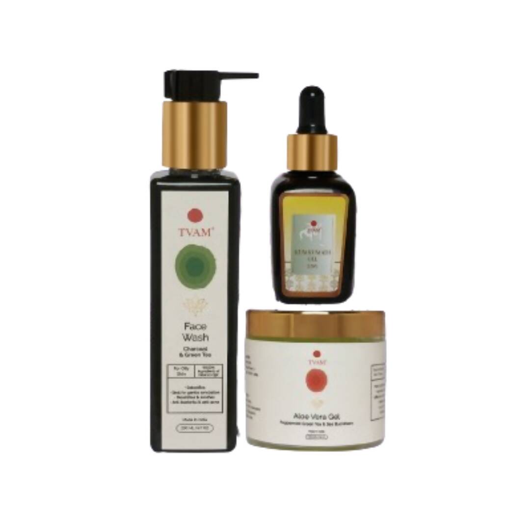 Three TVAM skincare products on a white background