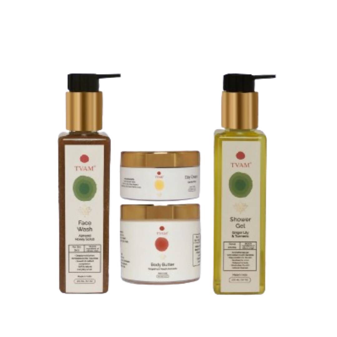 Set of TVAM skincare products including Face Wash, Body Butter, and Shower Gel on a white background.