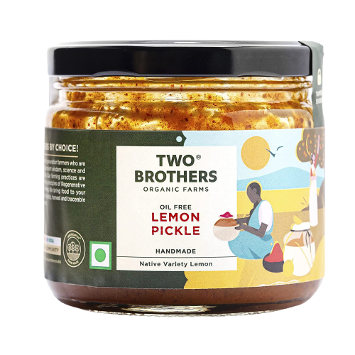 Jar of Two Brothers Organic Farms lemon pickle with a colorful label on a white background