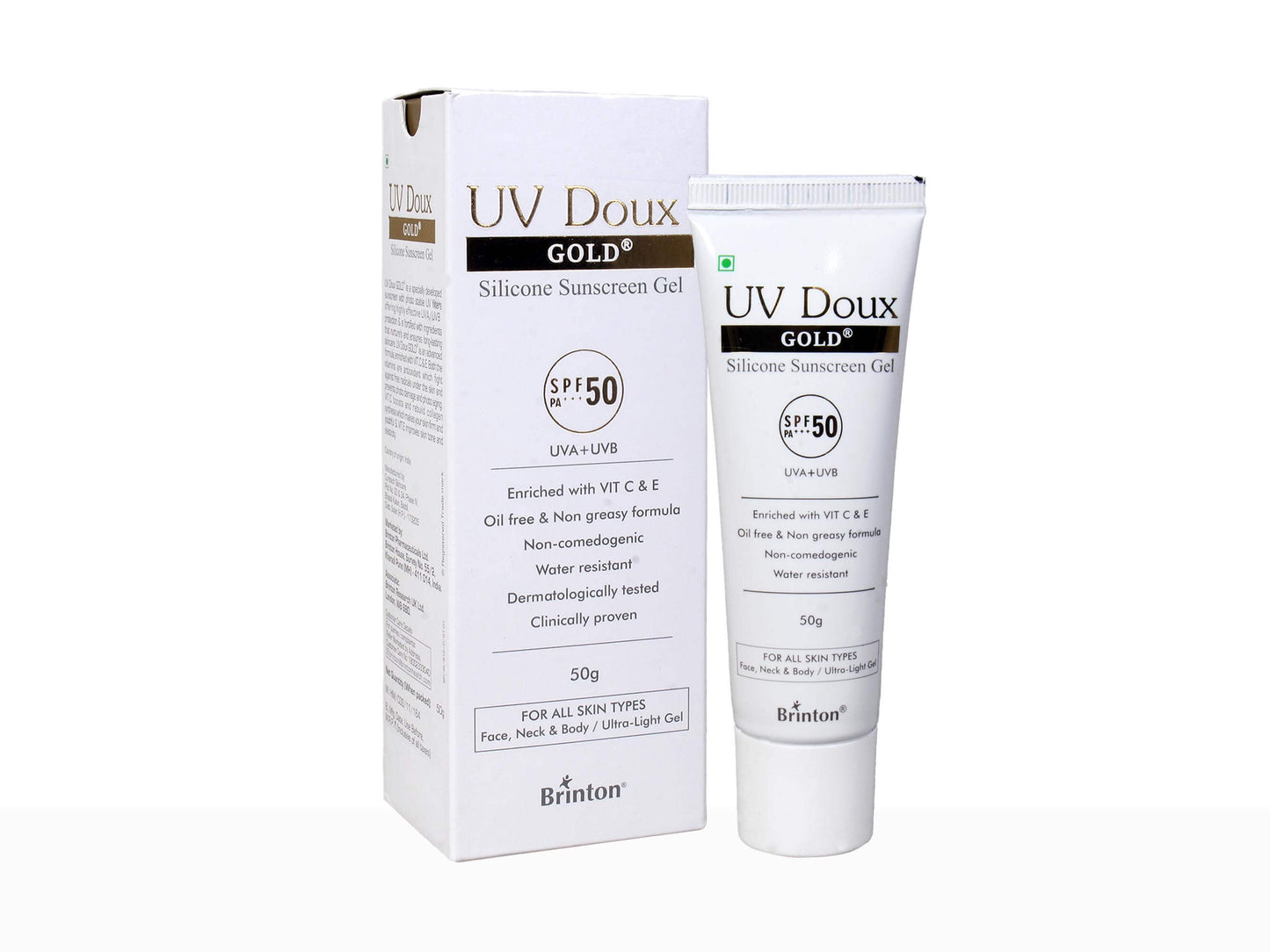 UV Doux Gold silicone sunscreen gel with packaging on a white background