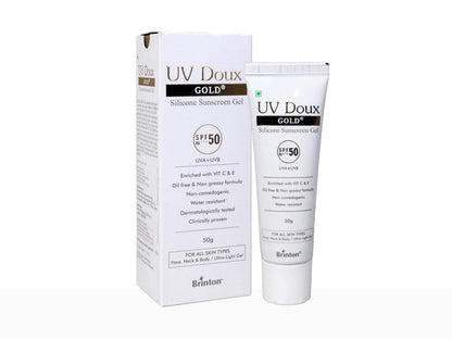 UV Doux Gold silicone sunscreen gel with packaging on a white background