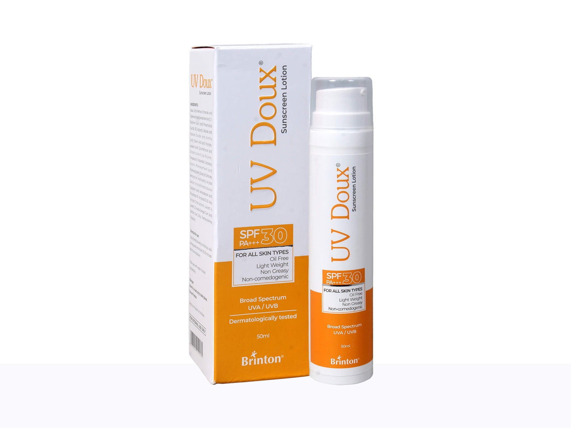 UV Doux sunscreen bottle and packaging on a white background