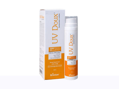 UV Doux sunscreen bottle and packaging on a white background