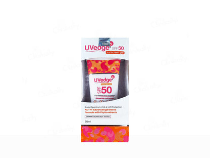 Uvege sunscreen packaging with SPF 50 on a white background