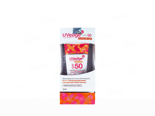 Uvege sunscreen packaging with SPF 50 on a white background