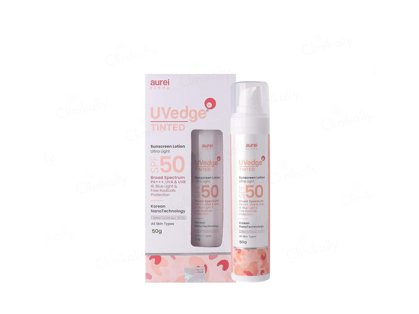Aurei UVedge Tinted sunscreen lotion set with packaging on a white background