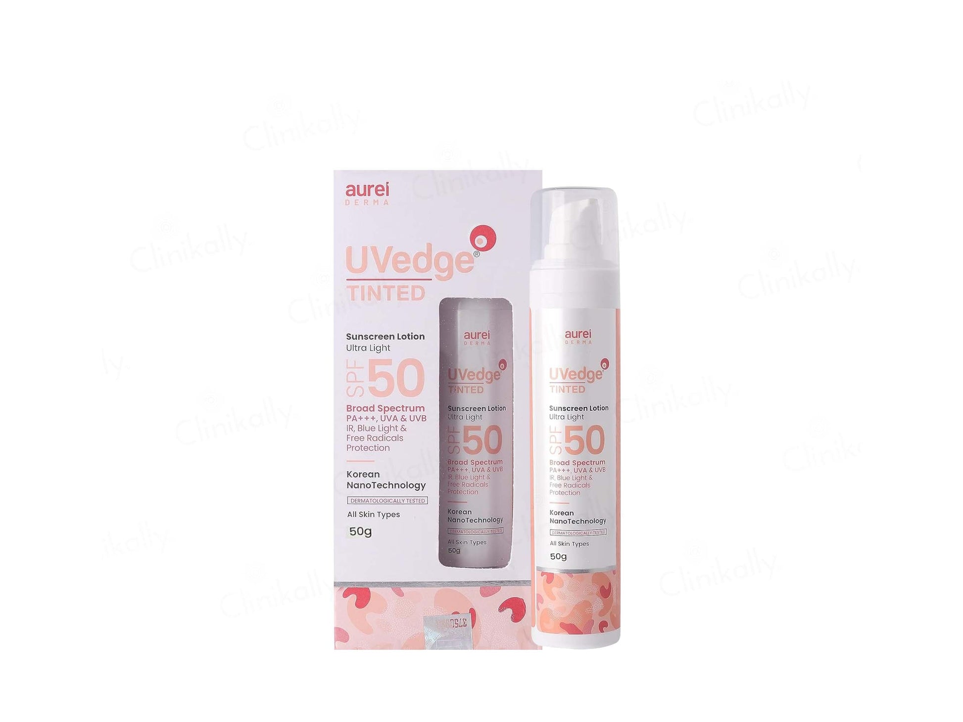 Aurei UVedge Tinted sunscreen lotion set with packaging on a white background