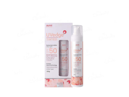 Aurei UVedge Tinted sunscreen lotion set with packaging on a white background