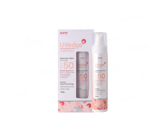 Aurei UVedge Tinted sunscreen lotion set with packaging on a white background