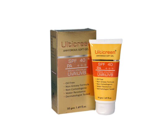 Ulticreen sunscreen soft gel tube and packaging on a white background