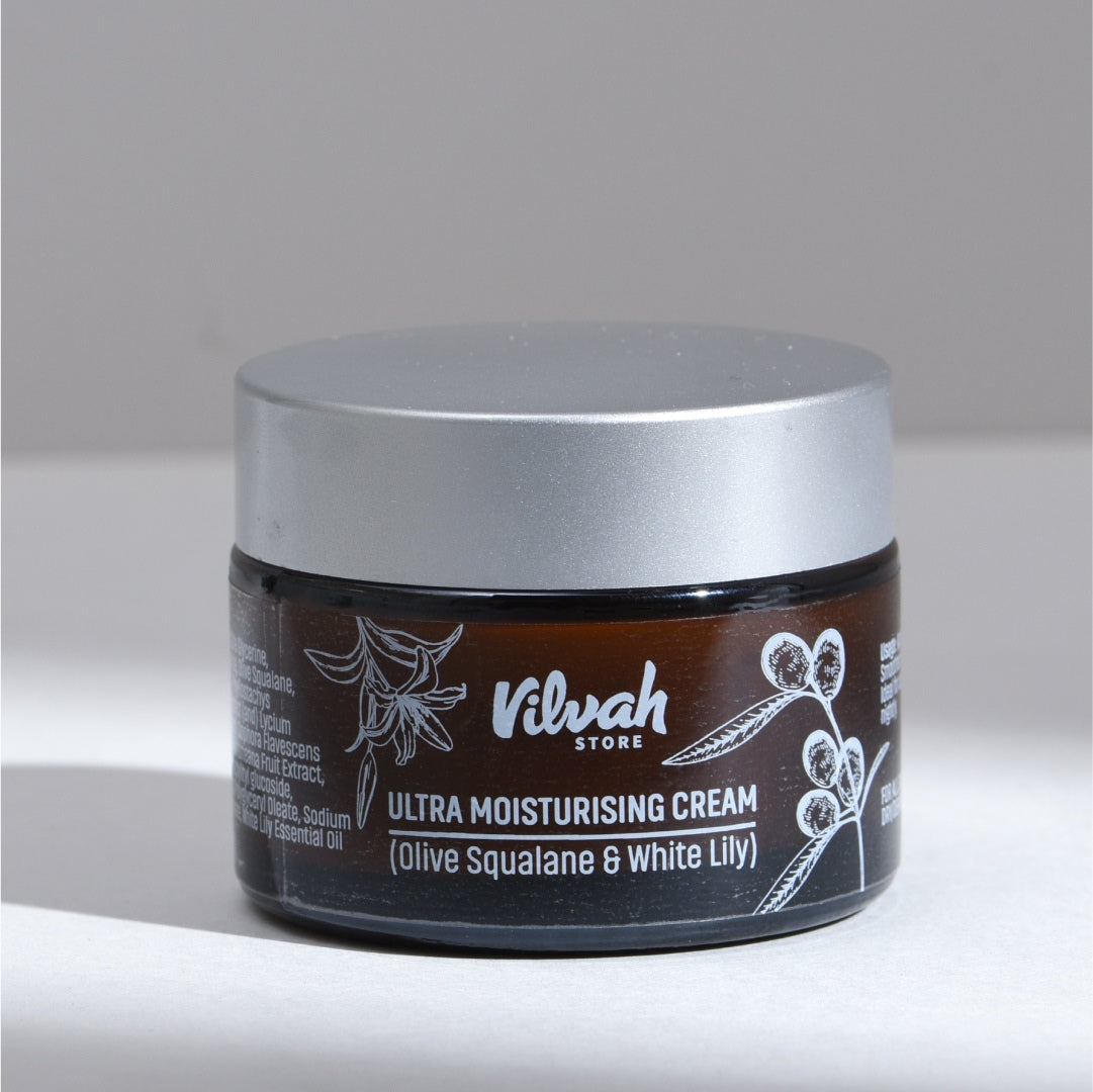 Jar of Vilvah Ultra Moisturising Cream on a neutral background