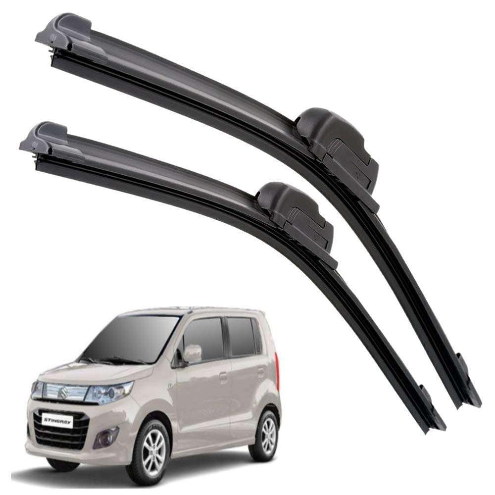 Two car wiper blades with a small car model below on a white background