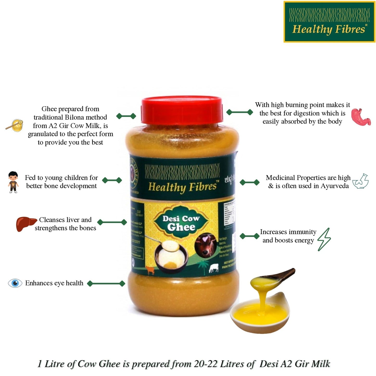 Healthy Fibres Desi Cow Ghee | Cultured Cow Desi Ghee | Premium & Certified Ghee