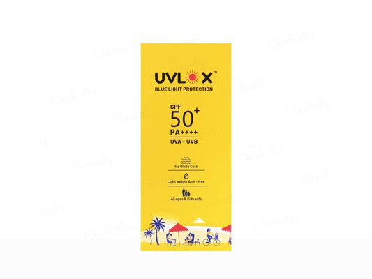 UVLOX sunscreen packaging with SPF 50+ on a white background