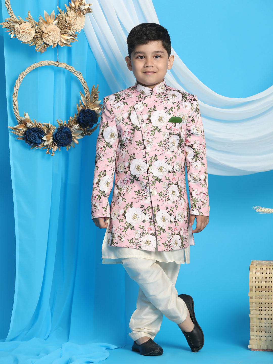 Boy's' Multicolored-Base-Pink Indowestern Set