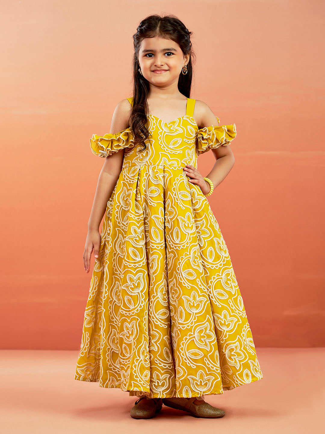 Girl's' Mustard Georgette Floral Embroidered Gown