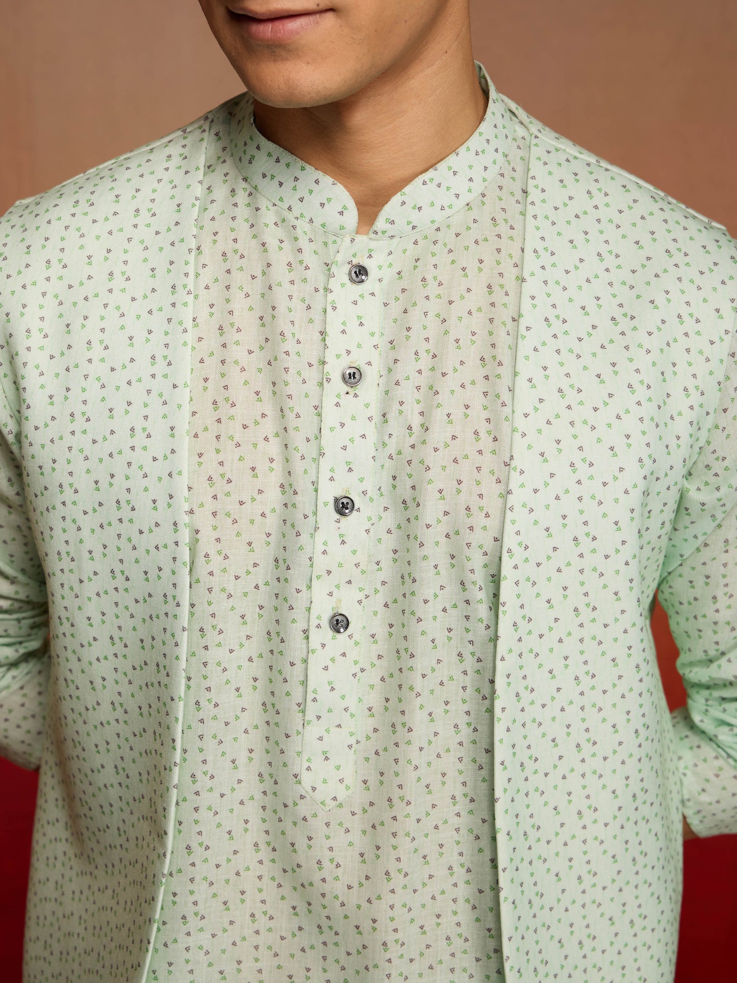 Men's Peach Mint Green Cotton Linen 3-Piece Set