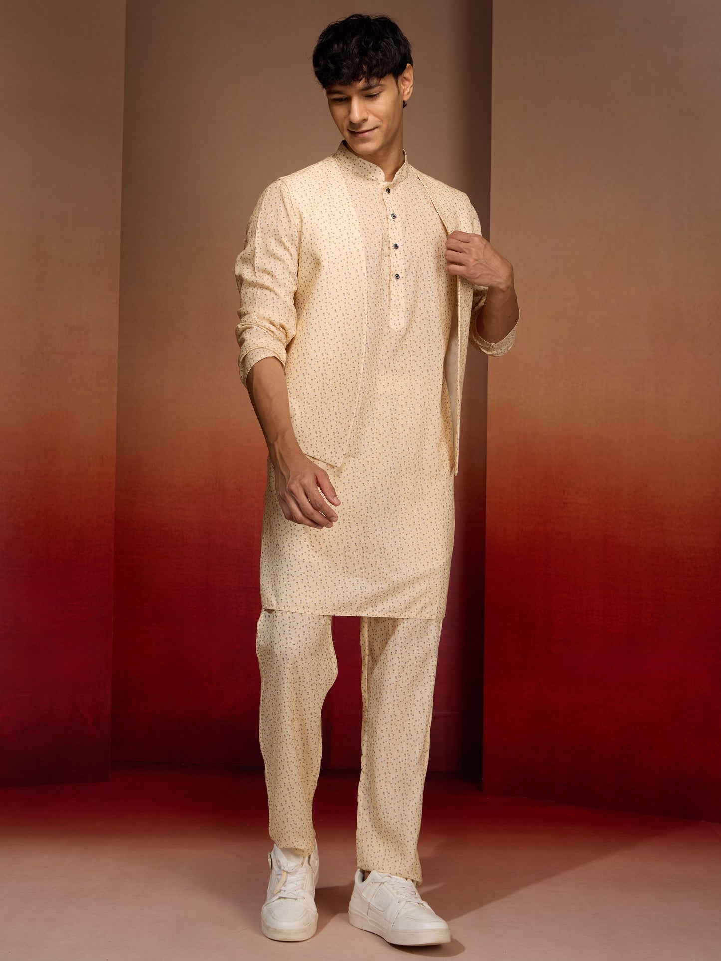 Men's Peach Yellow Cotton Linen 3-Piece Set