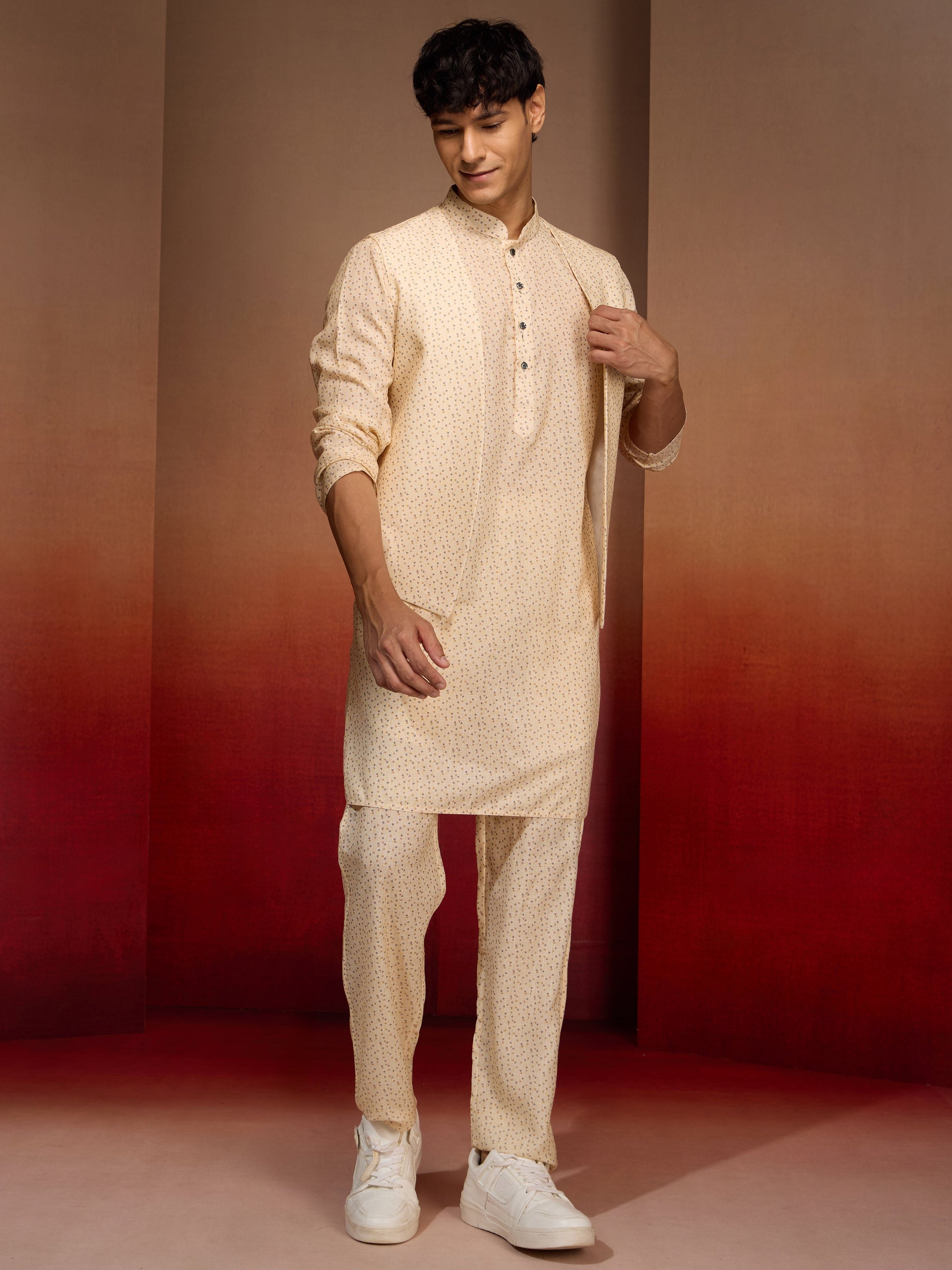 Men's Peach Yellow Cotton Linen 3-Piece Set