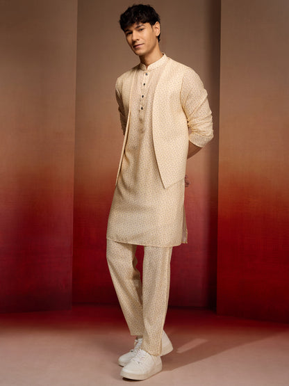 Men's Peach Yellow Cotton Linen 3-Piece Set