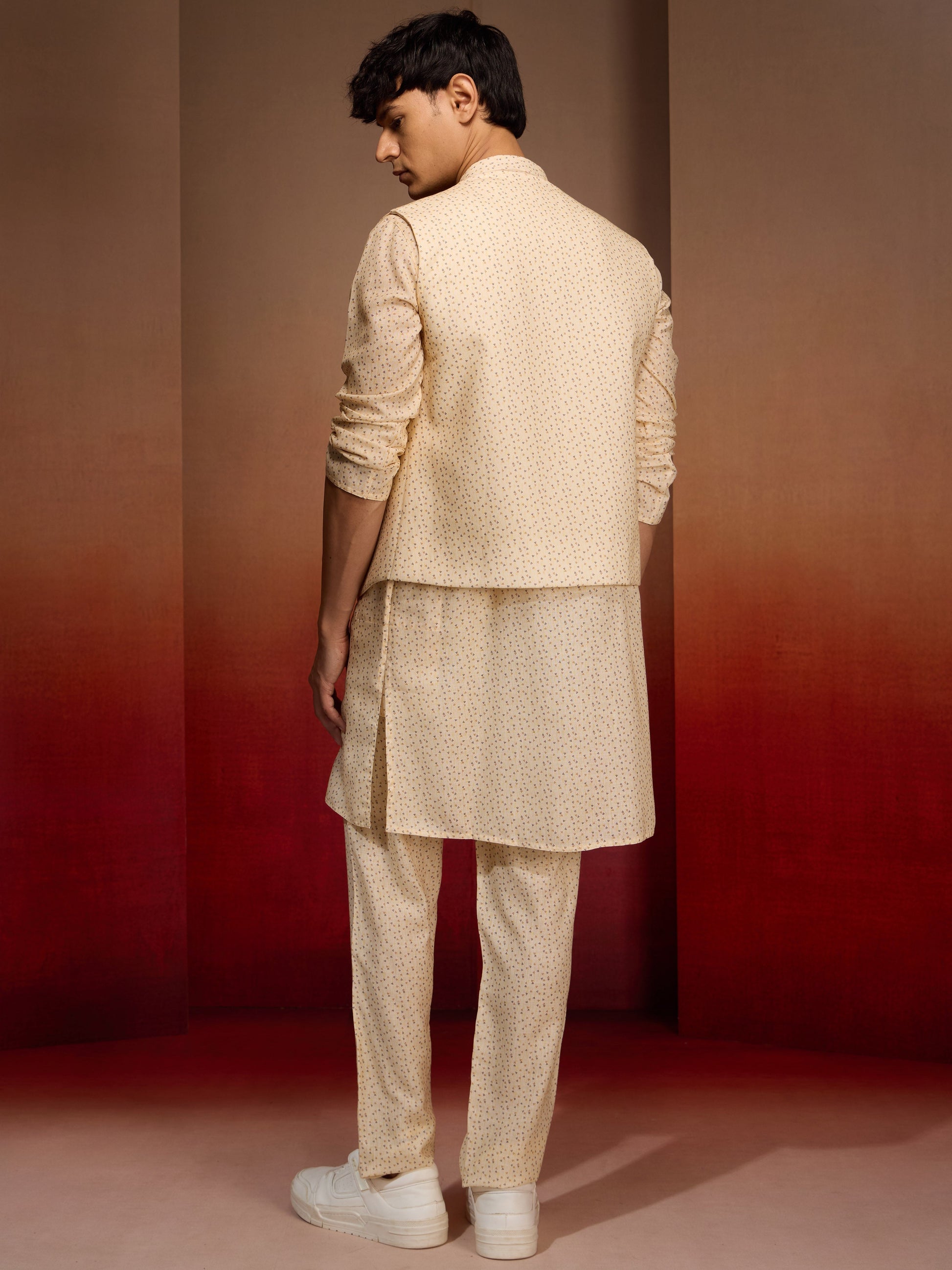 Men's Peach Yellow Cotton Linen 3-Piece Set