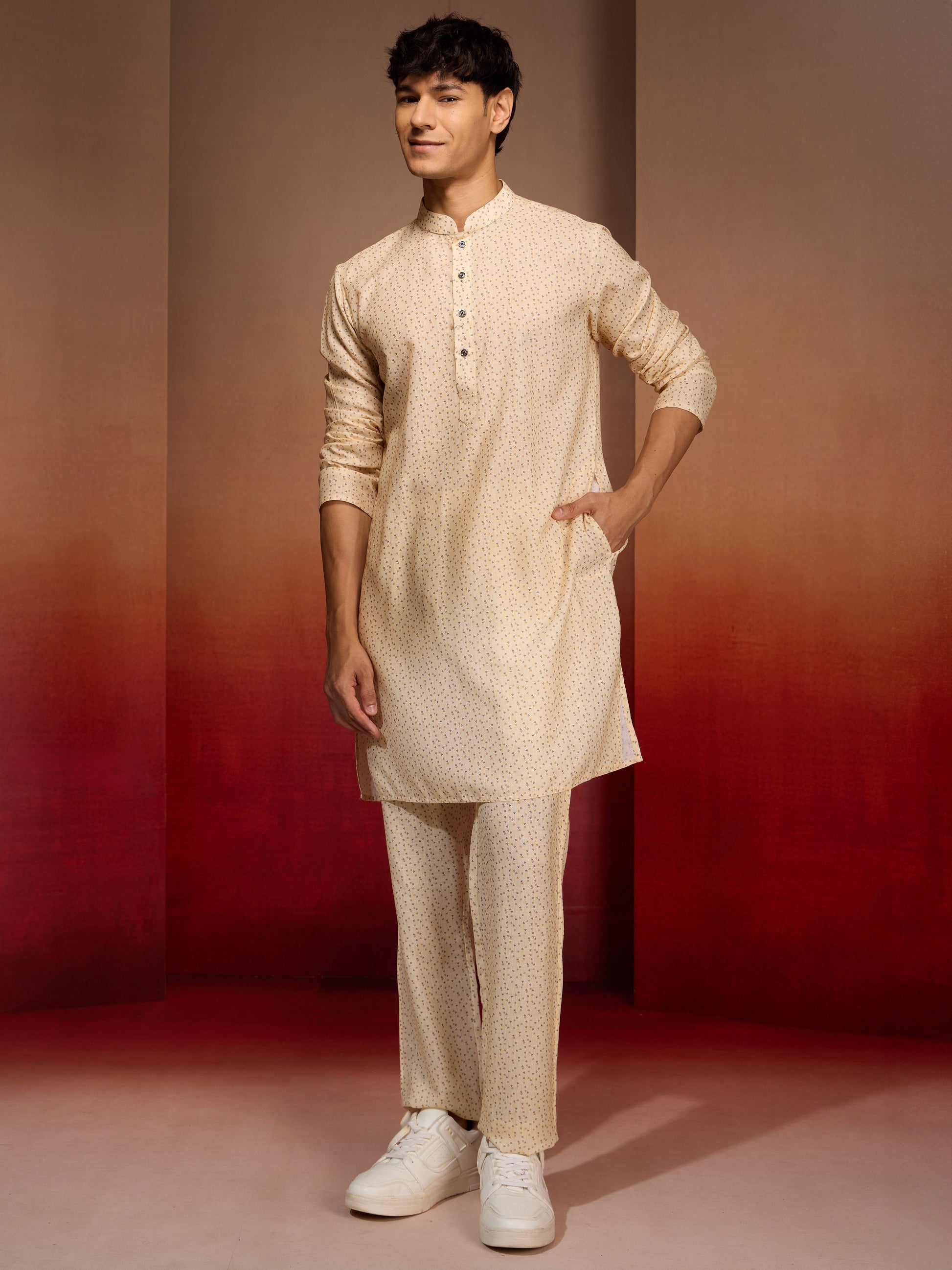 Men's Peach Yellow Cotton Linen 3-Piece Set