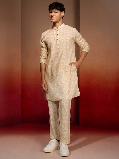 Men's Peach Yellow Cotton Linen 3-Piece Set