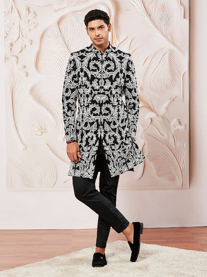 Men's Black Fox Geogette Indo Western And Pant Set