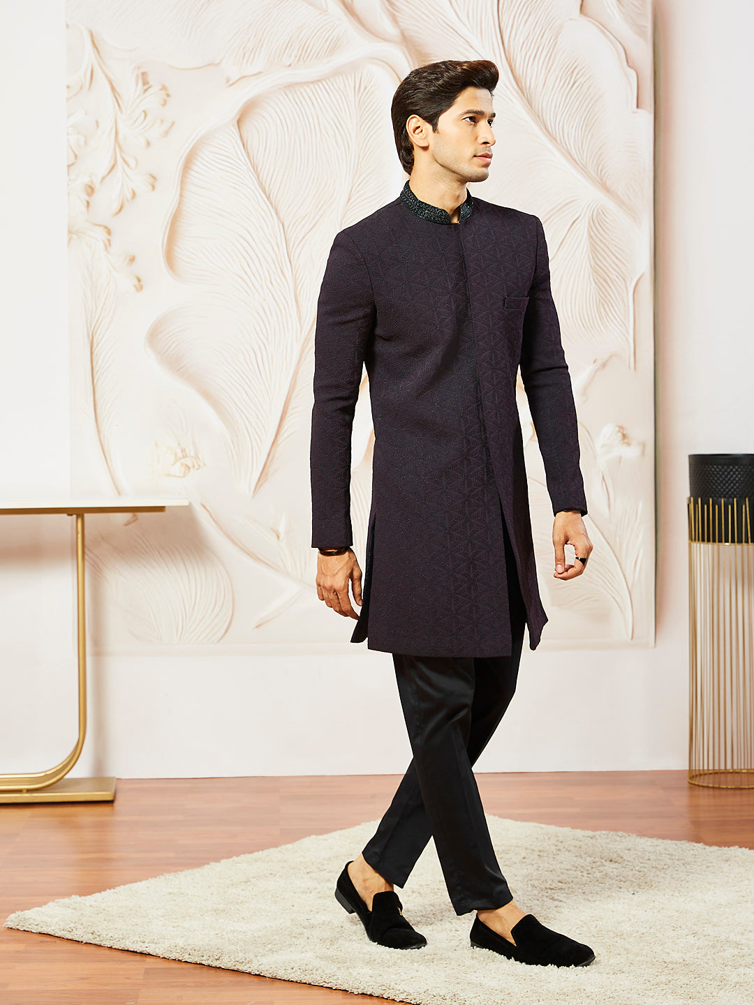 Men's Wine  Silk Blend Indo Western And Pant Set