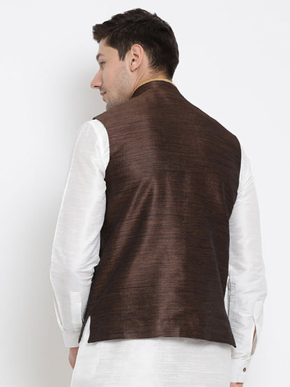VASTRAMAY Men's Brown Cotton Silk Blend Ethnic Jacket