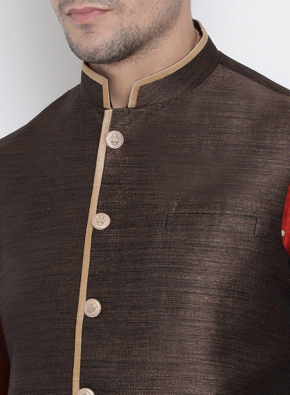VASTRAMAY Men's Brown Cotton Silk Blend Ethnic Jacket