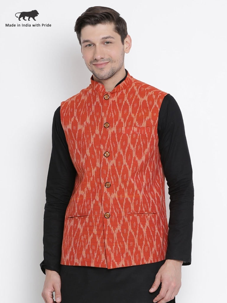VASTRAMAY Men's Orange Cotton Ethnic Jacket