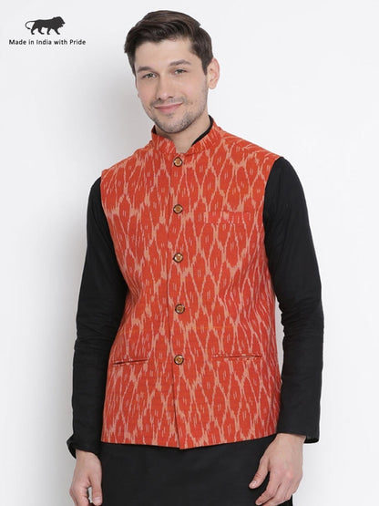 VASTRAMAY Men's Orange Cotton Ethnic Jacket