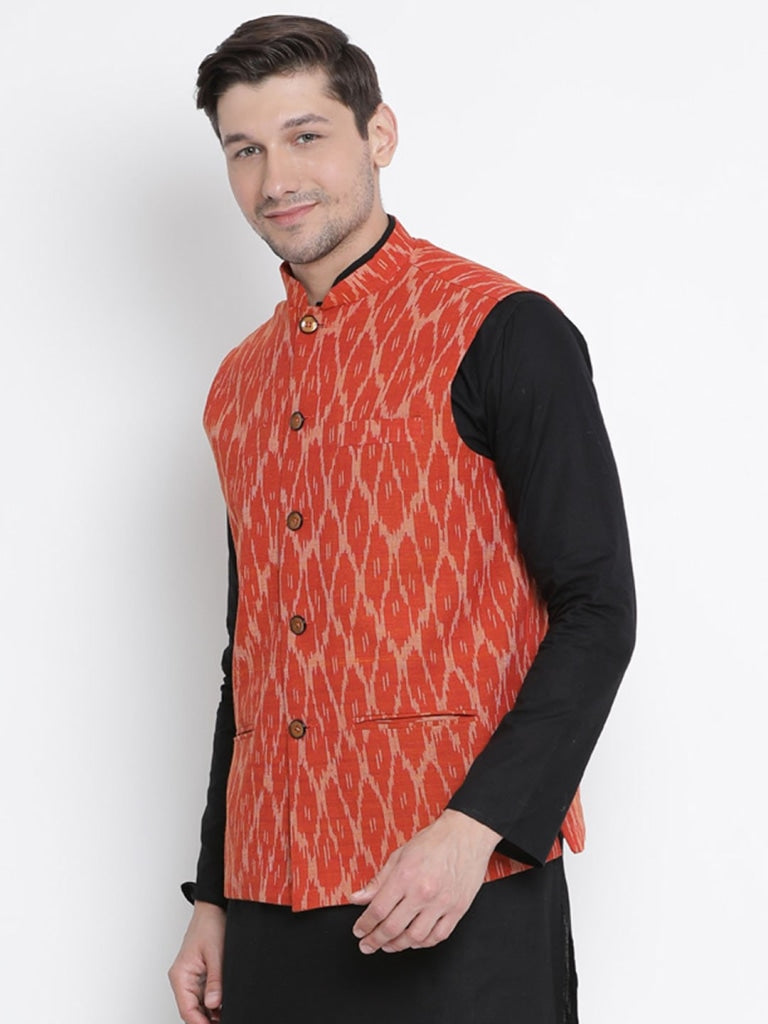 VASTRAMAY Men's Orange Cotton Ethnic Jacket