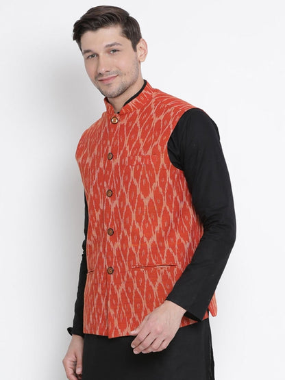 VASTRAMAY Men's Orange Cotton Ethnic Jacket