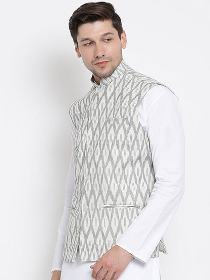 VASTRAMAY Men's White and Grey Cotton Ethnic Jacket