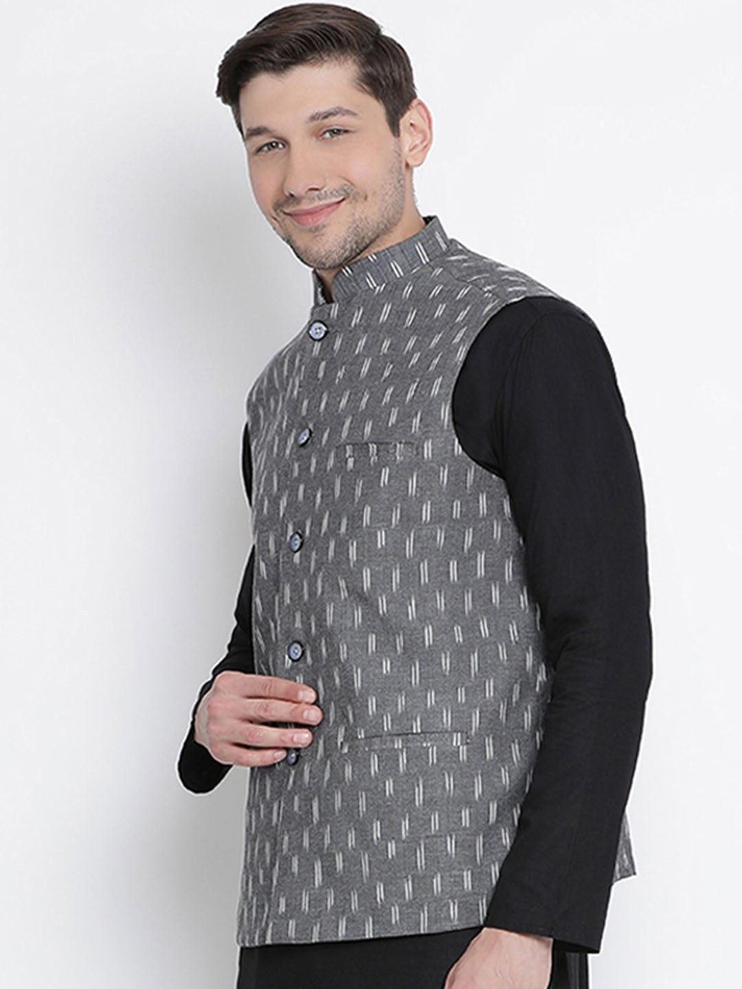 VASTRAMAY Men's Grey Cotton Ethnic Jacket