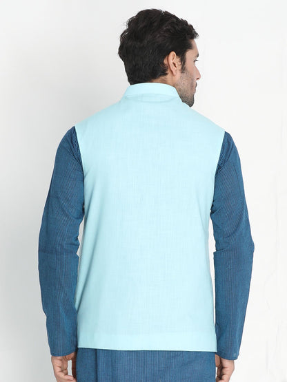 VASTRAMAY Men's Light Blue Cotton Ethnic Jacket