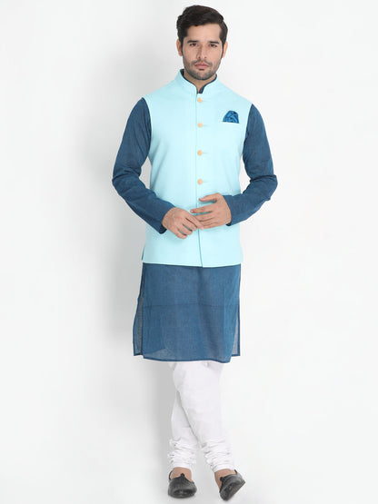 VASTRAMAY Men's Light Blue Cotton Ethnic Jacket