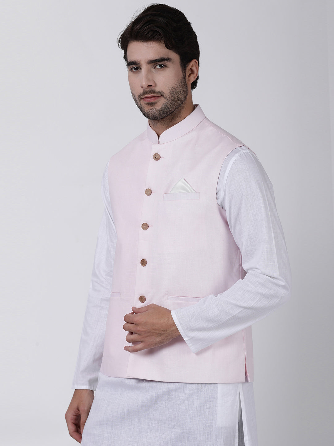 VASTRAMAY Men's Pink Cotton Ethnic Jacket