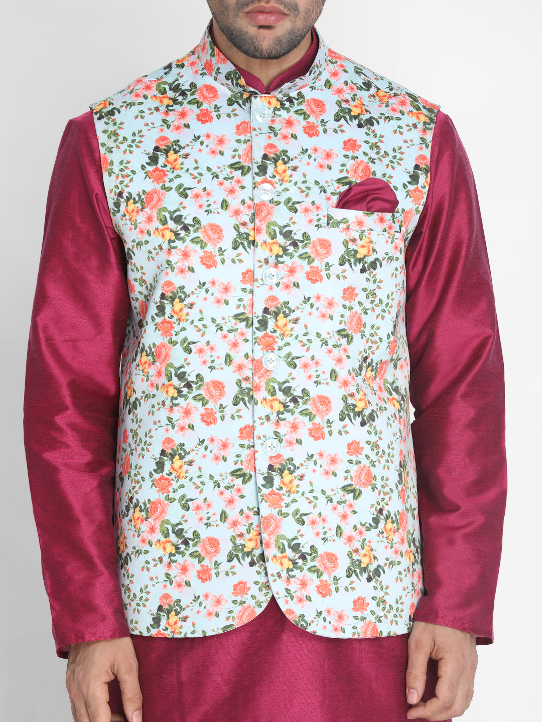 VASTRAMAY Men's Light Multi color Reversible Silk Blend Floral Ethnic Jacket
