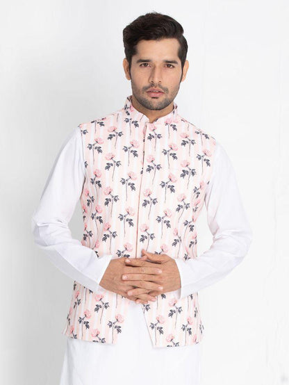VASTRAMAY Men's Pink Cotton Blend Floral Ethnic Jacket