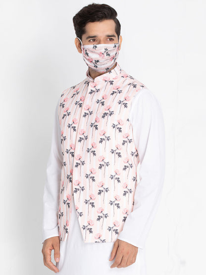 VASTRAMAY Men's Pink Cotton Blend Floral Ethnic Jacket