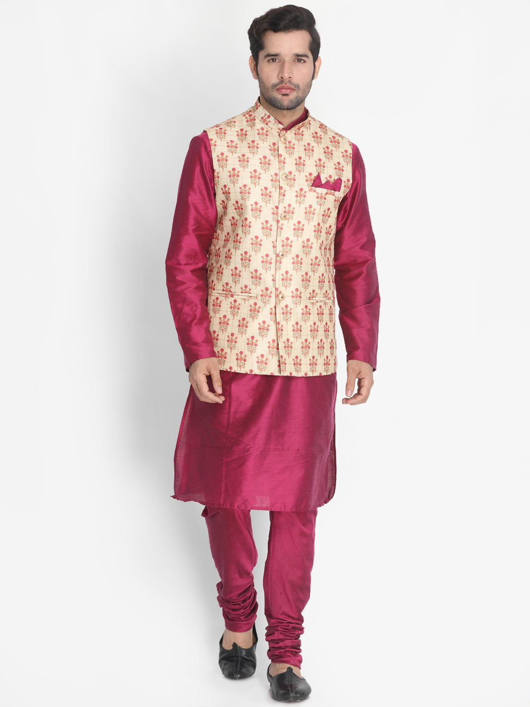 VASTRAMAY Men's Gold Silk Blend Ethnic Jacket