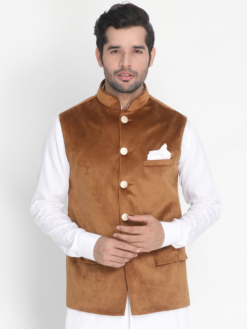 VASTRAMAY Men's Brown Velvet Ethnic Jacket