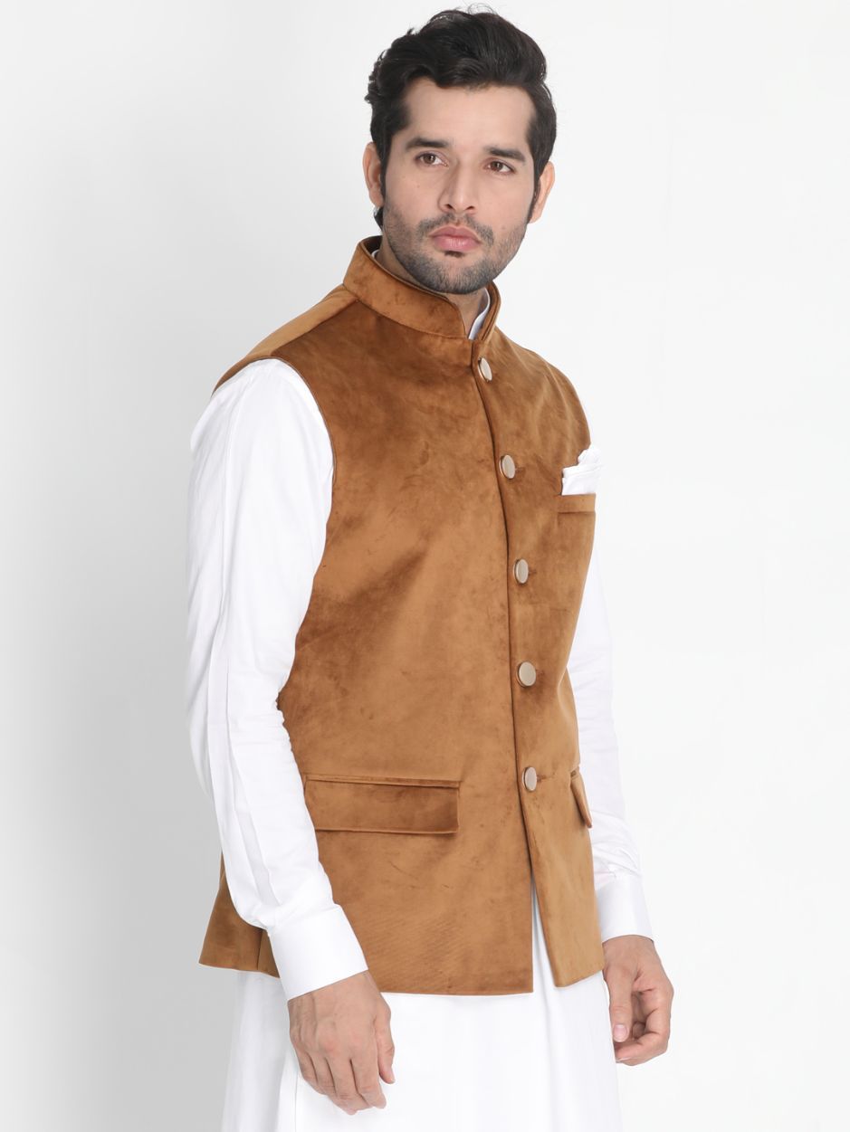 VASTRAMAY Men's Brown Velvet Ethnic Jacket