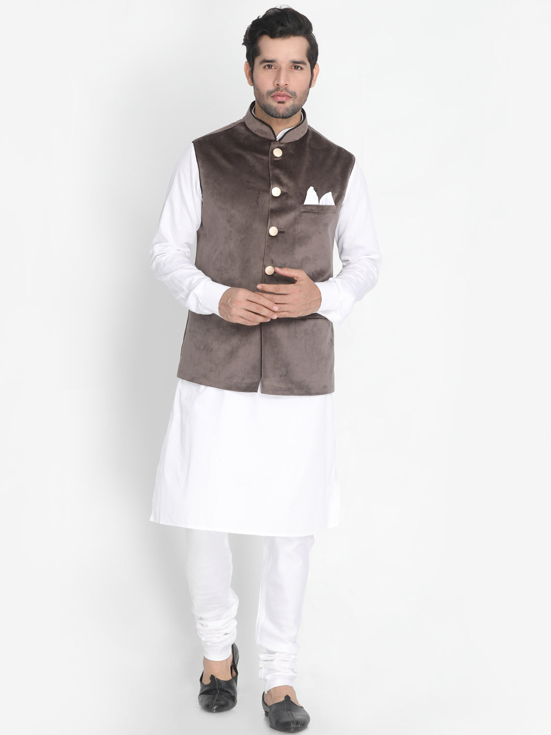 VASTRAMAY Men's Grey Velvet Ethnic Jacket