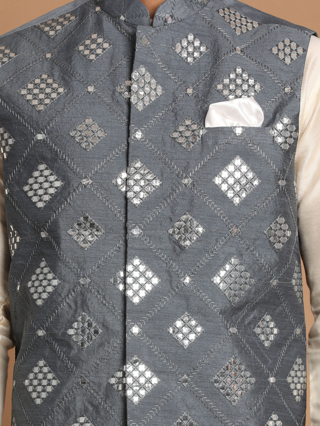 Vastramy Men's Grey Mirror-Work Ethnic Jacket