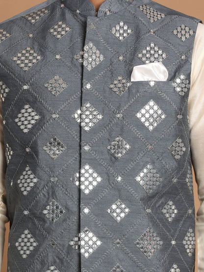 Vastramy Men's Grey Mirror-Work Ethnic Jacket